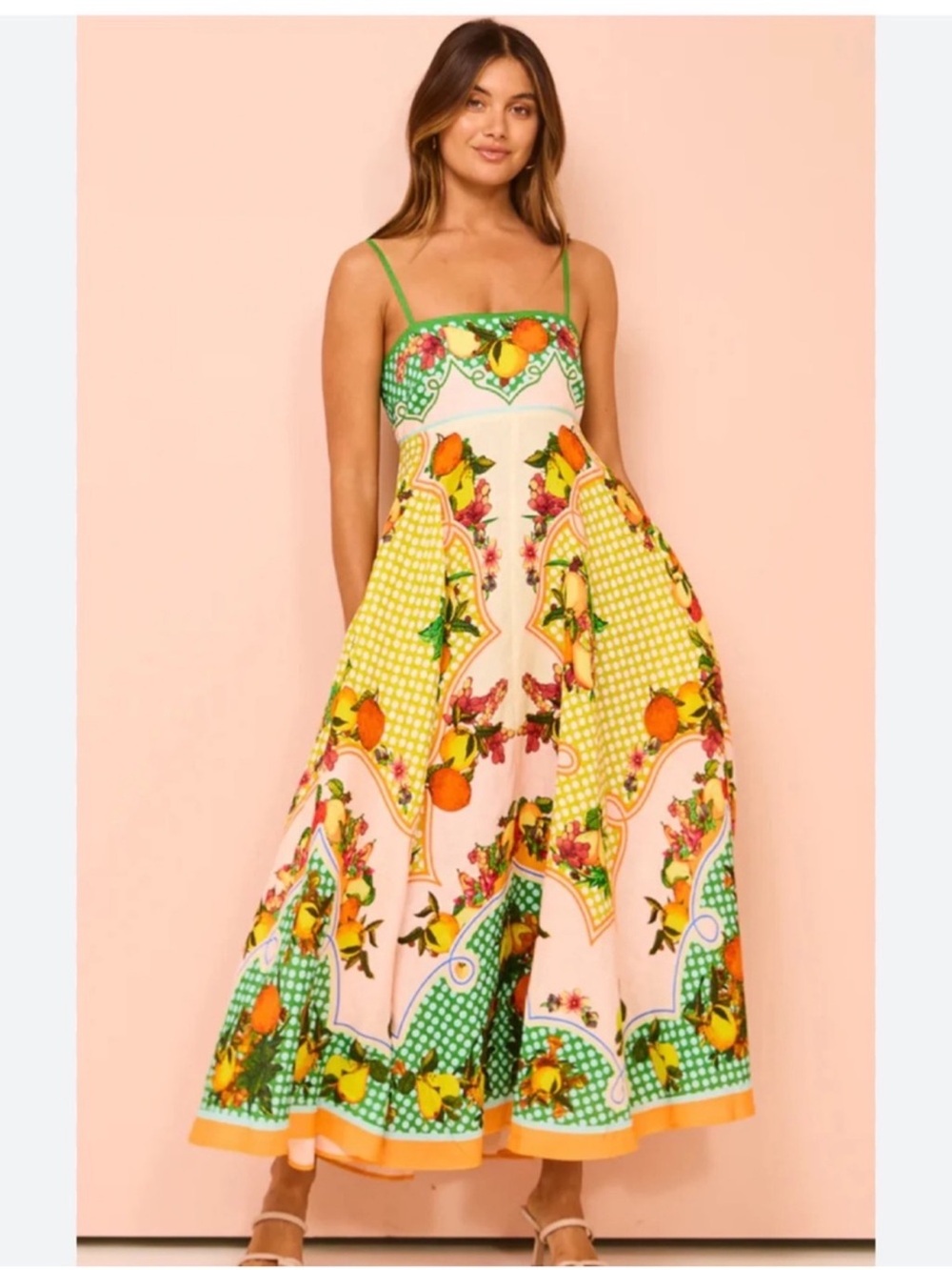 Green & Yellow Floral Sundress with Orange Print
